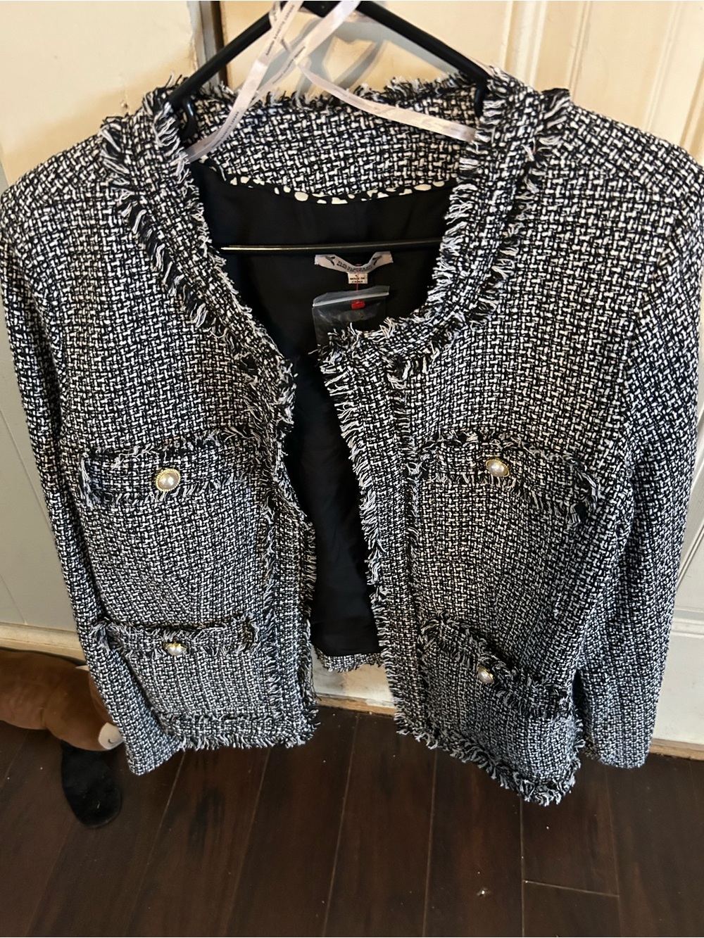 Nanette Lepore Black & White Tweed Fringed Jacket